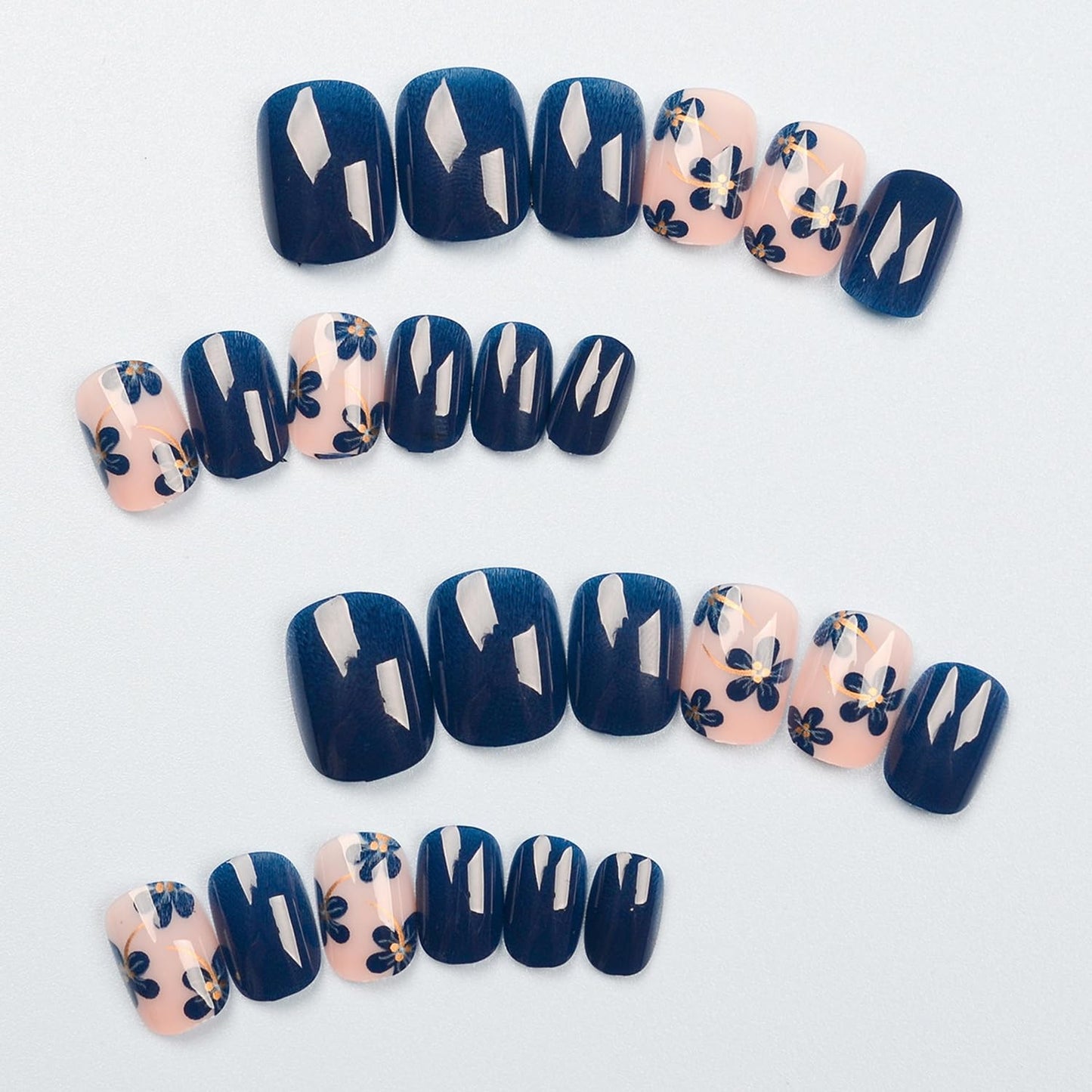 24pcs Blue Press on Nail Short Square Fake Nails Glossy Spring with Floral designs Gold Stripe Stick on Nail Full Cover Acrylic False Nails Reusable Gel Glue on Nails for Women Summer Manicure