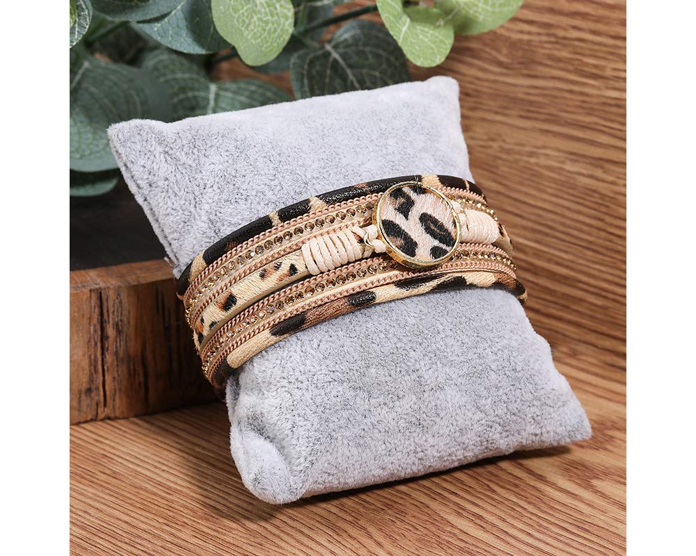 Fesciory Leopard Bracelet for Women, Boho Leather Wrap Multi-Layer Pearl Crystal Bracelet Bangle Jewelry(Khaki Leopard)