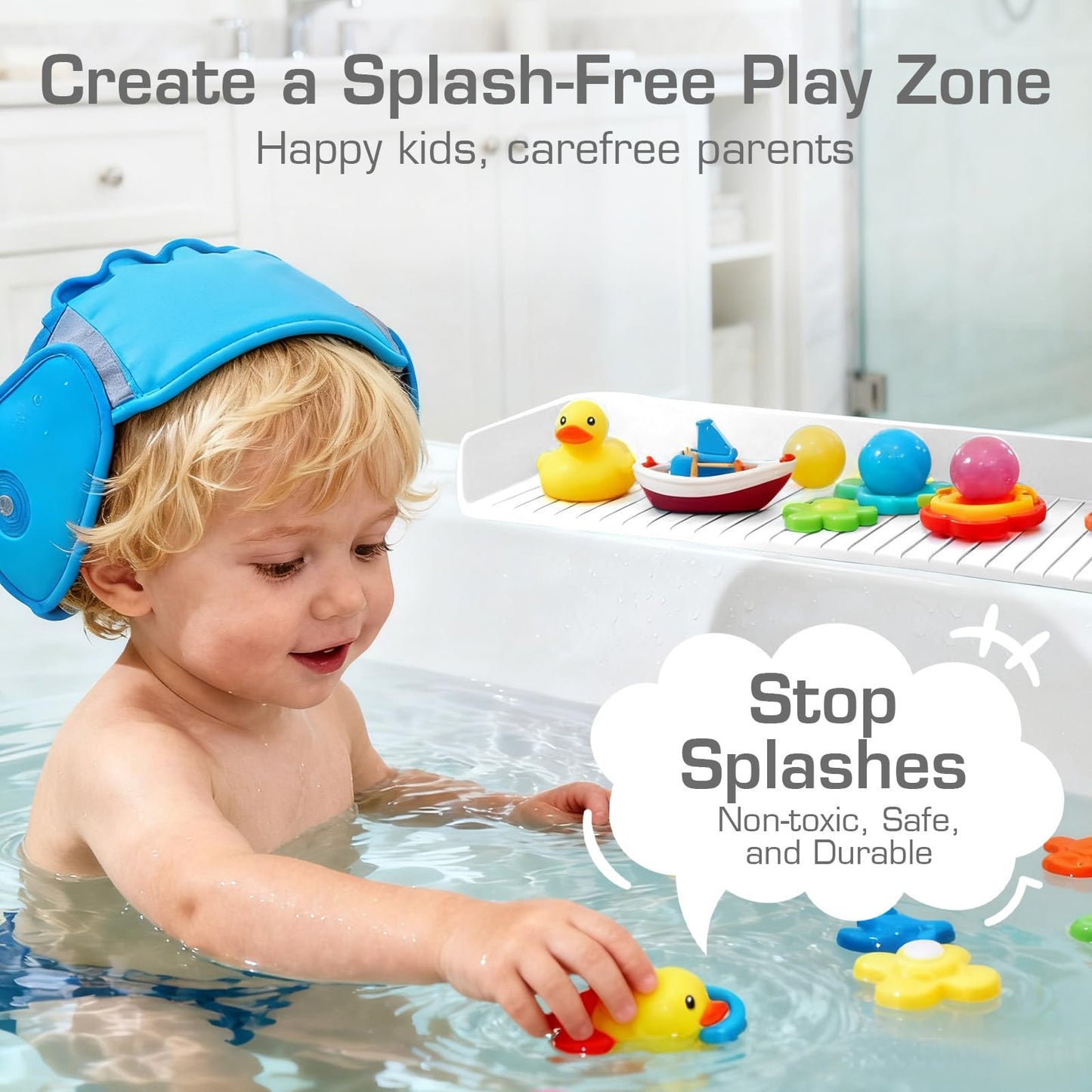 DubiLaka 31.5" Bathtub Splash Guard for Kids & Toddlers - Silicone Play Shelf & Toy Storage Tray with Strong Suction Cups to Prevent Water Spills, No-Leak Fun Bath Time - Tub Toy Holder Ledge,White