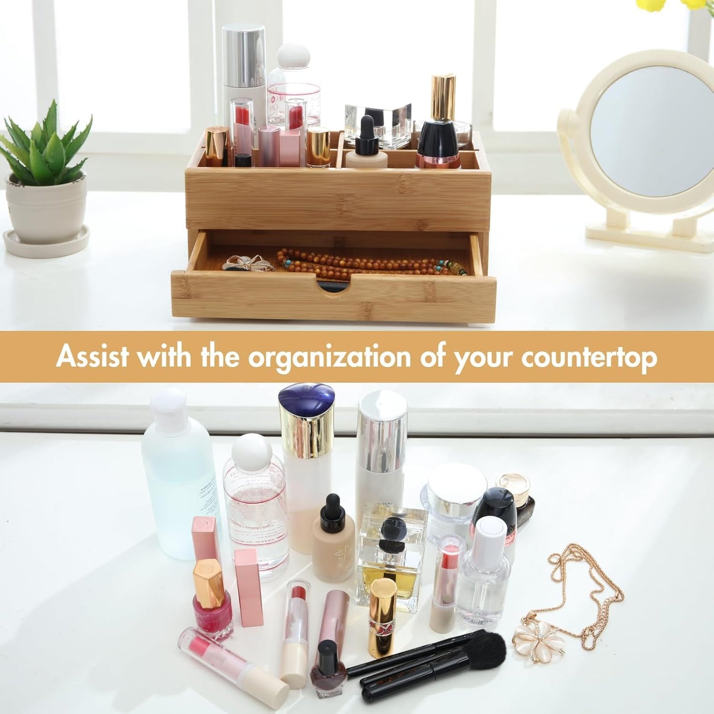 GOBAM Makeup Storage Drawer Organizer Bamboo Wood Cosmetic Display Box, Large Capacity Bathroom Beauty Countertop Organizer, Great for Bathroom Dresser
