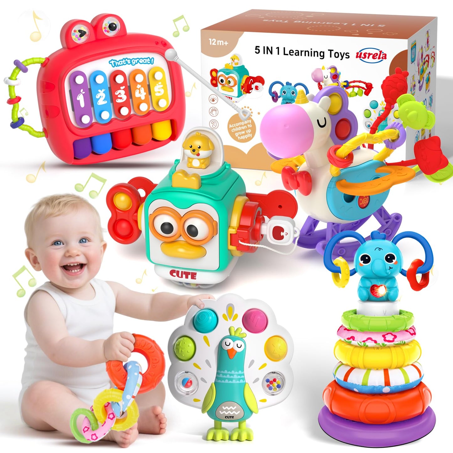 usrela 5 in 1 Baby Toys for 9 12 18 Month, Learning Toy for Babies 6-12 Months, Baby Busy Cube, Stacking&Sensory, Pull String&Piano Xylophone Toy, Birthday Gift for 7 8 9 Month