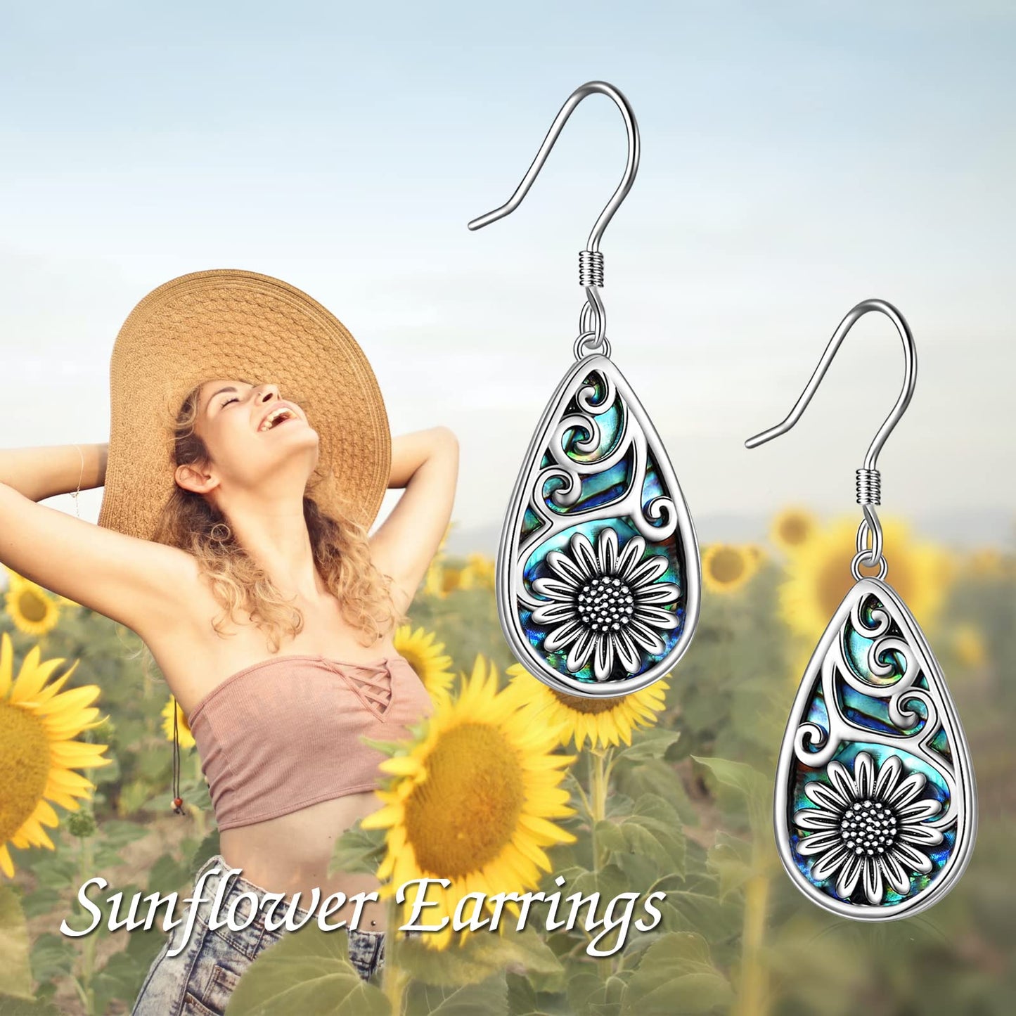 POPLYKE 925 Sterling Silver Sunflower Earrings Teardrop Abalone Dangle Earrings for Women Sunflower Jewelry