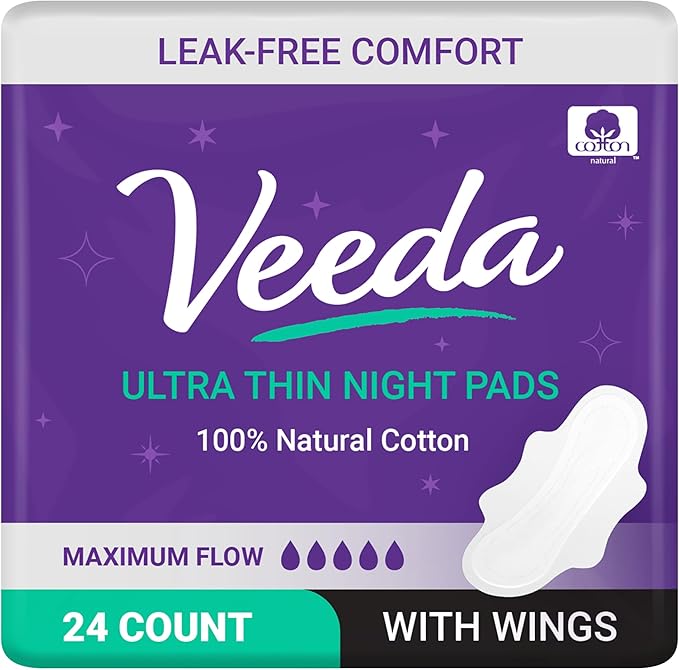 Veeda Natural Cotton Night Pads for Women - Overnight Heavy Flow Absorbent Ultra-Thin Feminine Pad - Hypoallergenic Period Pads with Wings - Unscented & Chlorine Free Sanitary Napkins - 24 Count