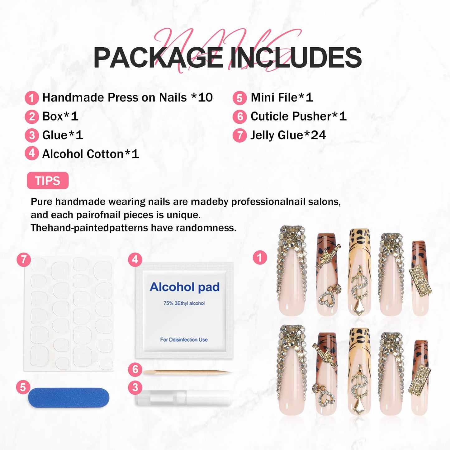 XGV Handmade Press on Nails Long Square 10pcs, Pink Fake Nails with Rhinestones, Reusable Acrylic Press on Nails for Party Salon