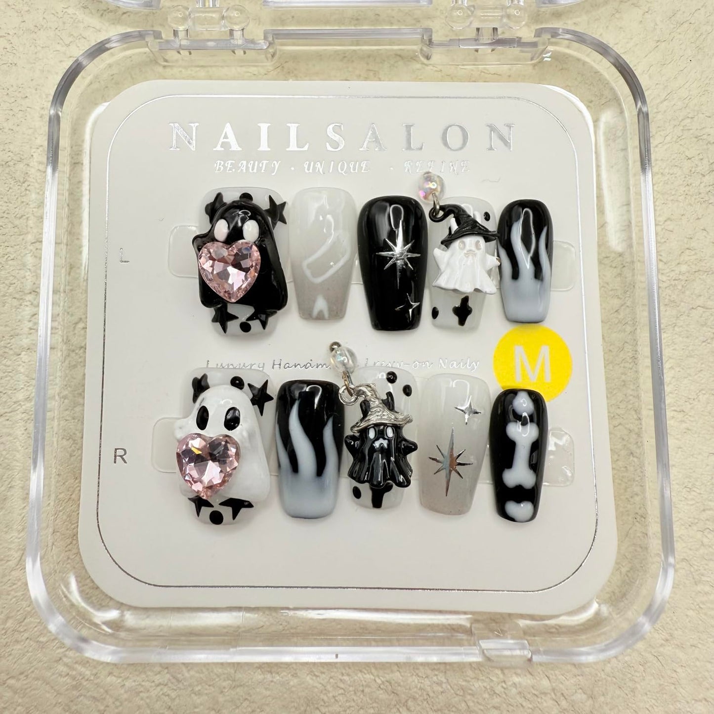 Halloween Press on Nails Bone Designs Love Heart and Little Ghost Acrylic Nail Handmade Press on Nails Medium Coffin Fake Nail Full Cover Black White False Nails for Women Manicure (Size M)
