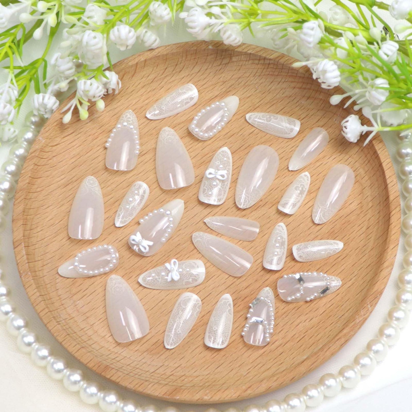 Medium Press on Nails Almond Fake Nails White Translucent Nails Press ons with 3D Bow Pearl Rhinestone Flowers Designs Artificial Stick on Nails for Women 24Pcs