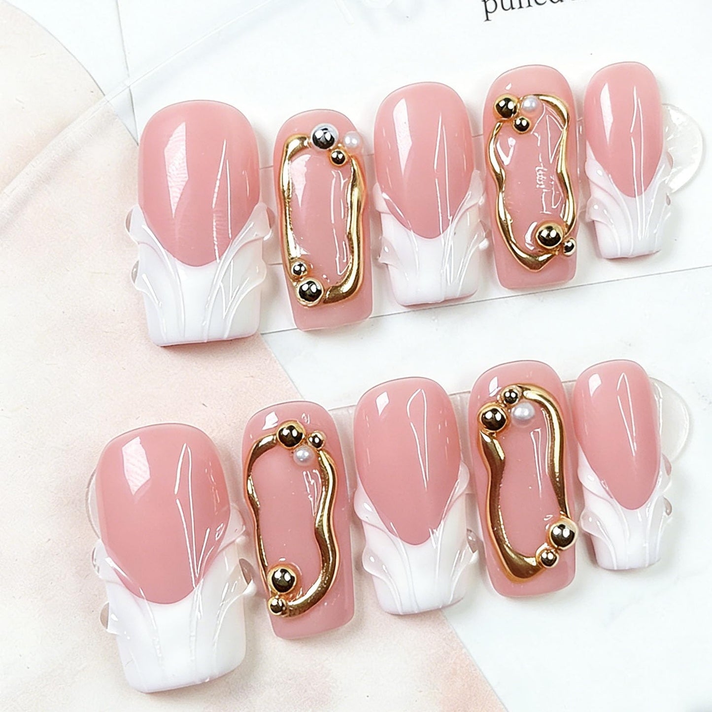 10 Pcs Handmade Press on Nails Medium Square Fake Nails with 3D Glod Curve Design White French Tip False Nails Pink Acrylic M Size Press Ons Nails Square for Women Nail Art