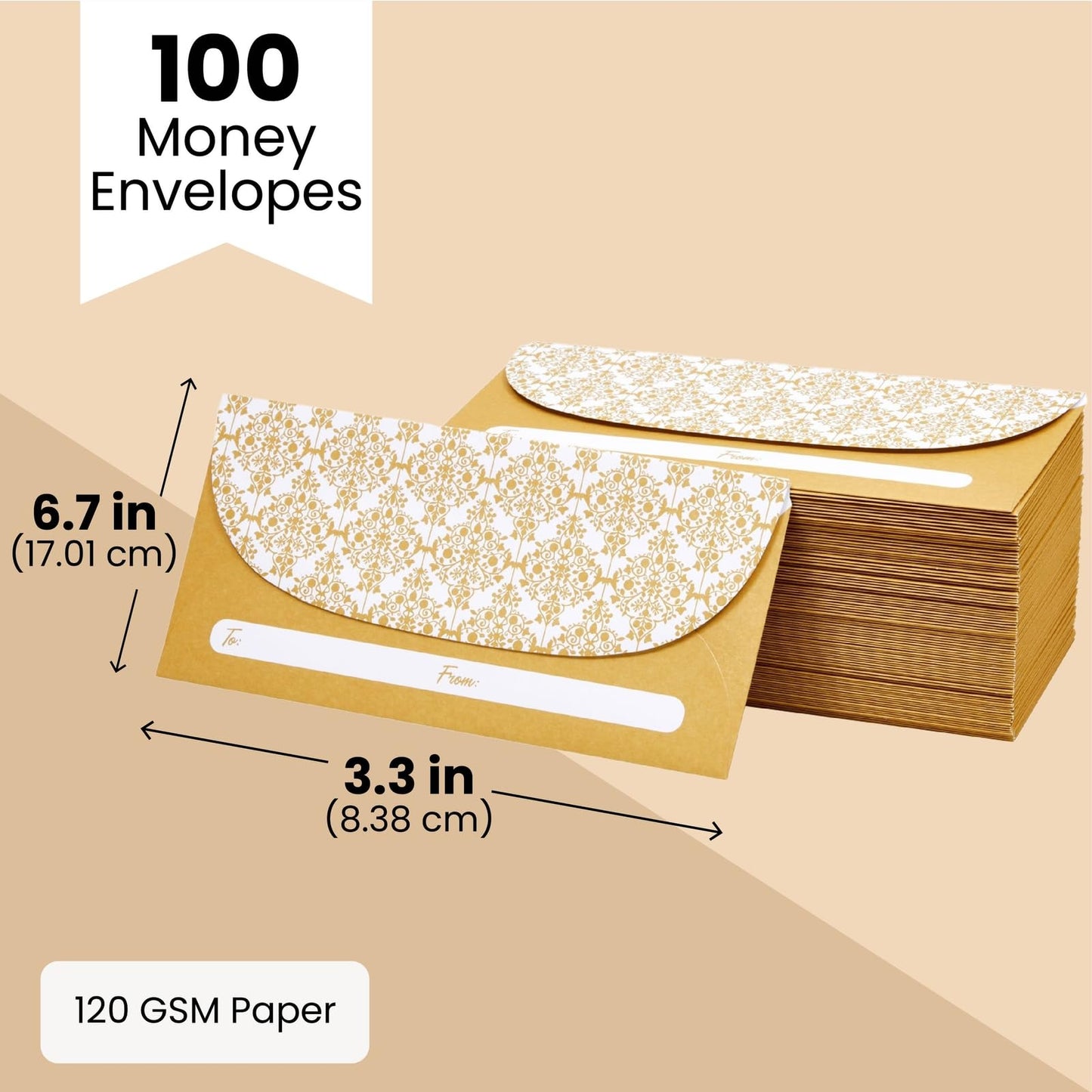 Juvale Money Envelopes for Cash - Cash Gift & Money Saving Envelopes - Secure Adhesive Seal & Floral Design - 7 x 3 In, Gold, 100 Pack