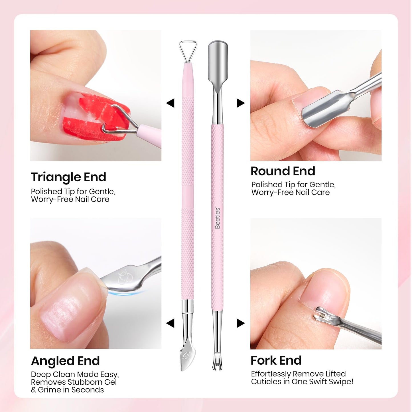 Beetles Manicure Kit for Women with Cuticle Remover, 3 PCS Pink Mani & Nail Art Brushes 8pcs – Crystal Nail Art Tools 5pcs Double-headed Nail