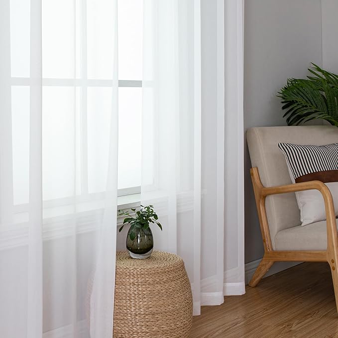 Simplebrand Sheer White Curtains 108 Inches Long, Extra Long Rod Pocket Solid Color Window Sheer Curtain Panels, Elegant Curtains & Drapes for Living Room, Bedroom 2 Panels (White, 59" W x 108" L)