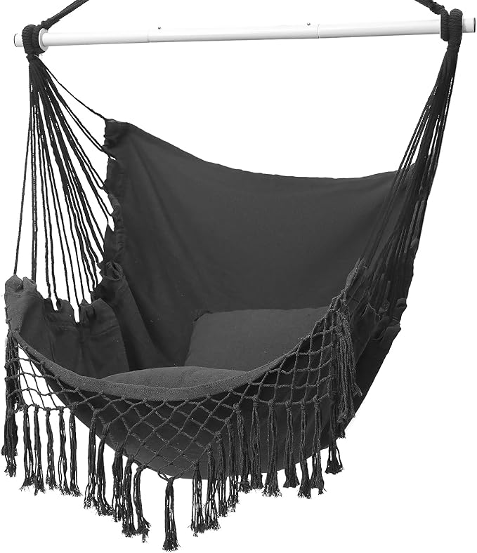 Hammock Chair, Hanging Rope Swing Seat with 2 Cushions,Macrame Hanging Chair Side Pocket with High Load-Bearing Metal Rod,for Indoor, Outdoor, Extra Comfortable (Dark Grey)