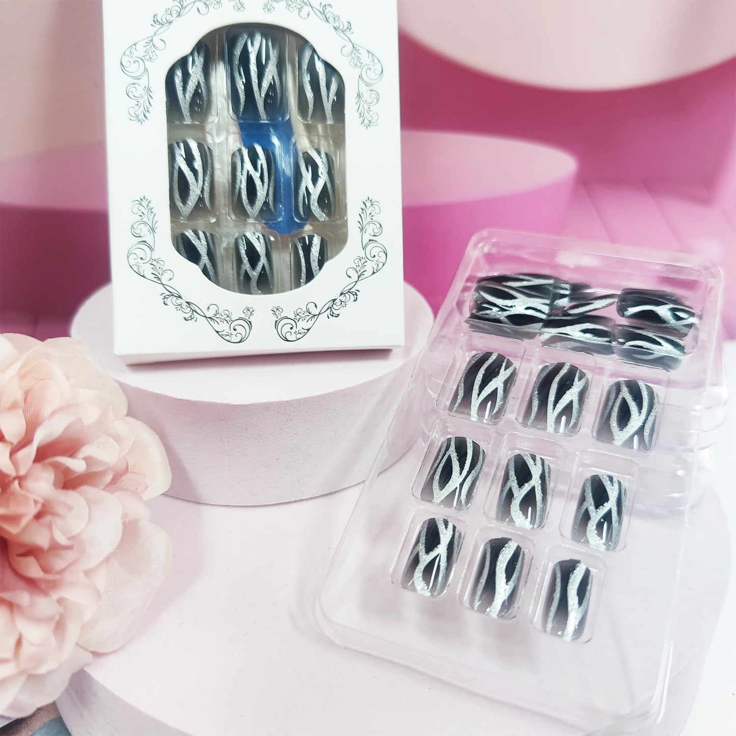 24Pcs Silver Fire Press on Nails Curve Line Acrylic Fake Nails Silver Glitter Stick on Nails Glossy Black Gradient Short Square False Nails Black Ombre Gel Glue on Nails for Coquette Women Girls