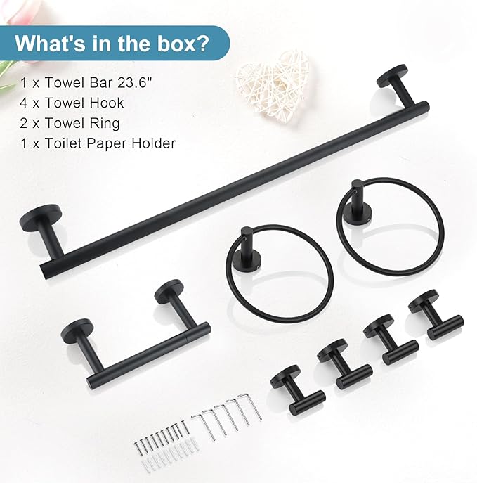 TQKAG 8-Pieces Bathroom Hardware Set Matte Black SUS304 Stainless Steel Bath Towel Bar Set 23.6 Inch Round Bathroom Accessories Kit Wall Mounted