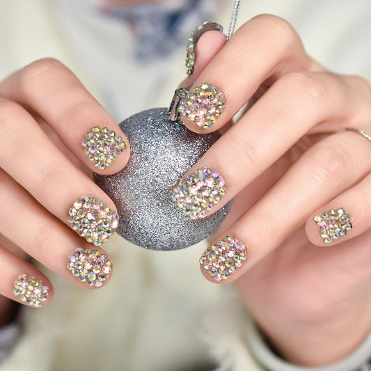 LINSSQ Full Cover 3D Shiny Crystal Press on Nails 24pcs, Short Squoval False Nails, Beauty Manicure Kits Reusable Fake Finger Rhinestones Nail Art Tips for Daily Office Party