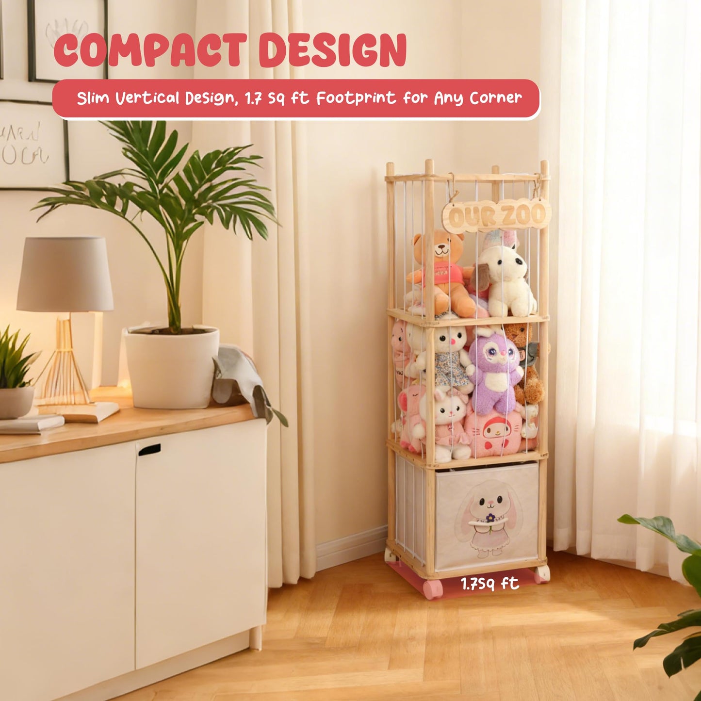 JoyPcsTable Stuffed Animal Storage with Removable Fabric Bins & Locking Wheels, 2-in-1 Wooden Toy Organizer and Display Shelf - Space-Saving for Playroom, Bedroom, Nursery