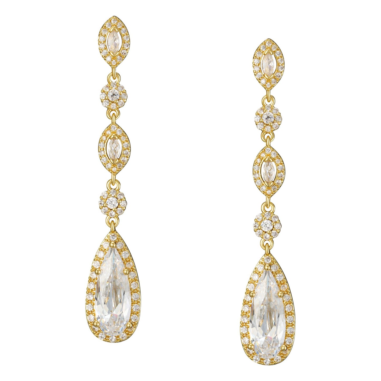 SWEETV Long Pear-Shaped Rose Gold Wedding Birdal Earrings for Brides, Bridesmaids, Crystal Chandelier Dangle Drop Earrings for Women Prom, Gold