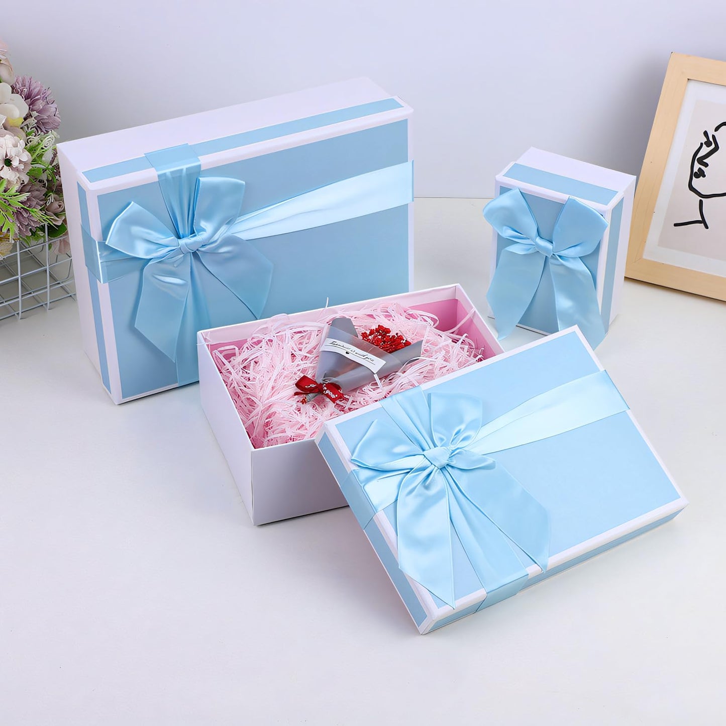 Airuisike Gift Boxes With Lids, Set of 3 Blue Gift Boxes For Presents, Elegant Present Boxes For Christmas Gifts, Assorted Gift Wrap Boxes