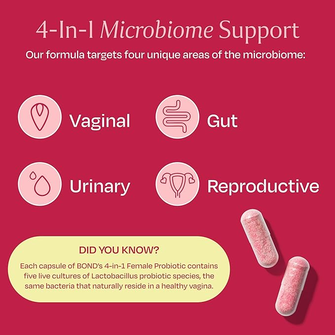 BOND 4-in-1 Female Probiotics - Vaginal Probiotics for Women, Lactobacillus Strains, Cranberry, Prebiotics - Vaginal Health, ph Balance Complex, BV, Gut & Digestive Support, Womens Health - 60 Count