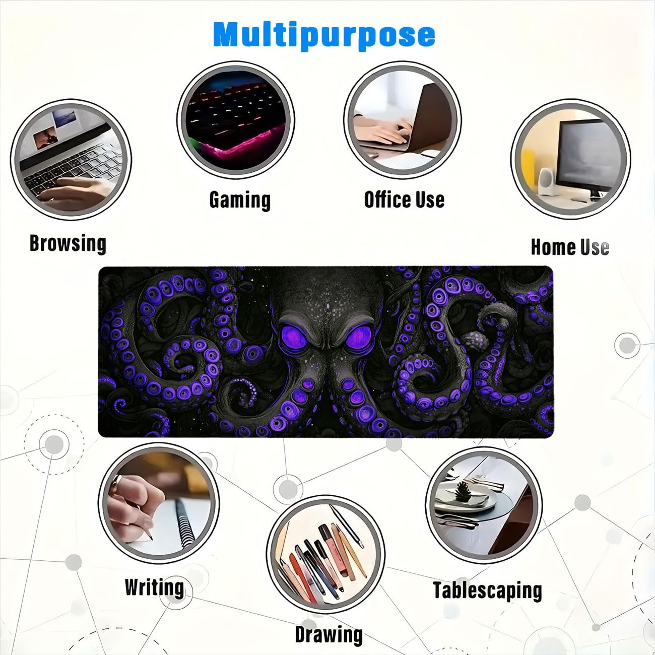 Octopus Gaming Mouse Pad, Black Purple Eye Monster Large Gaming Mouse Mat with Stitched Edges,Non-Slip Waterproof Rubber Base Mous Mat, XXL Extended Mouse Protector for Home Office, 31.5”x11.8”