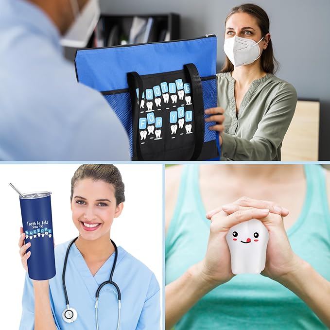 Nuogo 3 Pcs Positive Dental Hygienist Gifts Dentist Assistant Gift for Women Men Inspirational 20oz Tumbler Tote Bag Tooth Stress Toy for Dental Hygiene Month Employee Appreciation(Blue,Teeth)