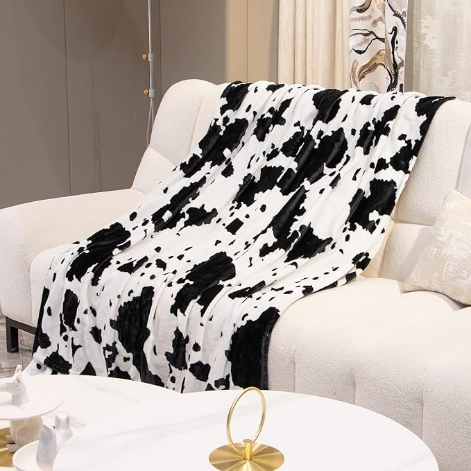 Cow Print Blanket Black & White - 50"x60" Plush Soft Fuzzy Fleece Throw for Adults Kids, All-Season Lightweight Bedding Decor, Gifts for Cow Lovers Birthday