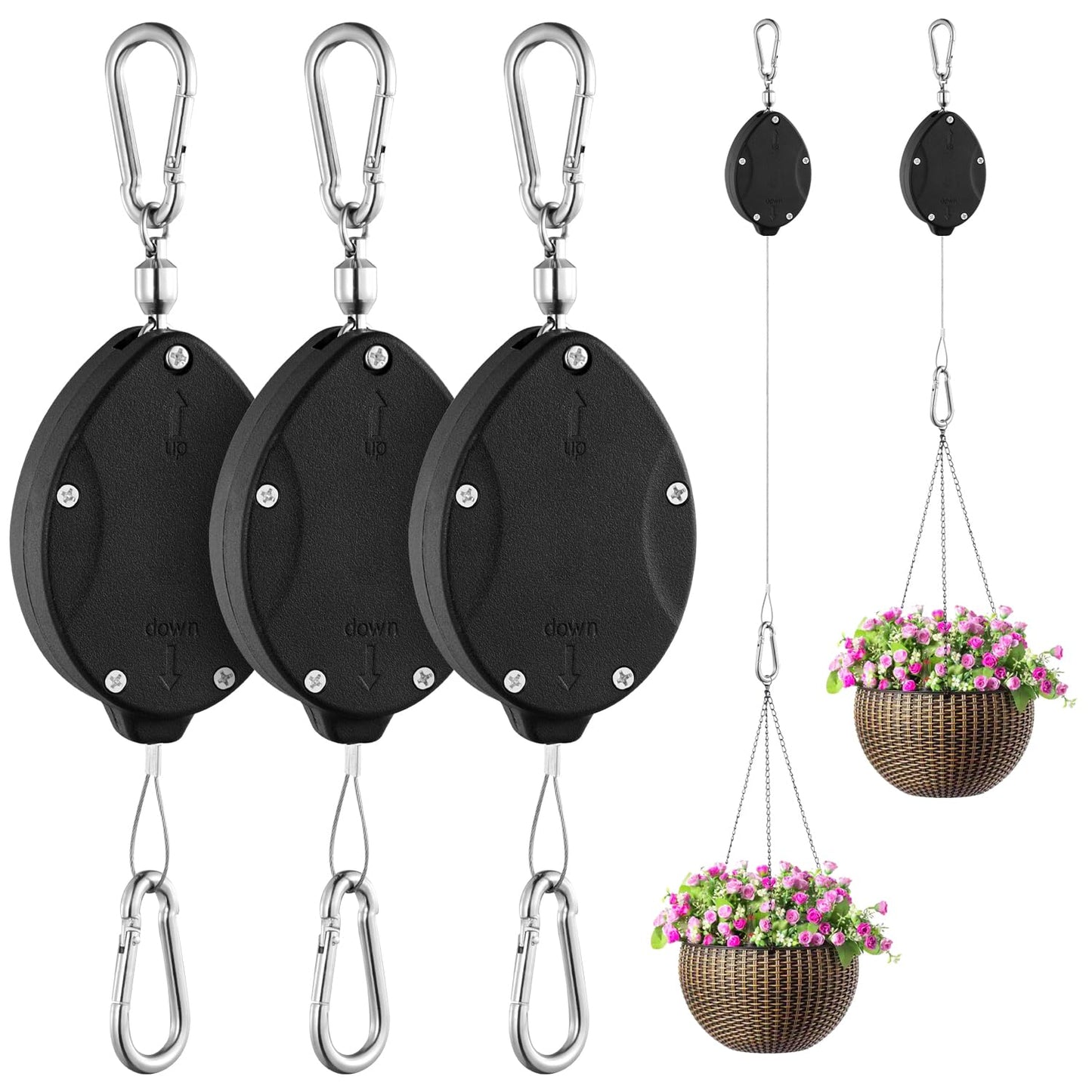 3 Pack Heavy Duty Retractable Plant Hangers Adjustable Pulleys with 63" Pull-Down Design Stainless Steel Rope Double-Headed Hooks for Hanging Baskets Bird Feeders Planters and Pots Supports up to 45lb