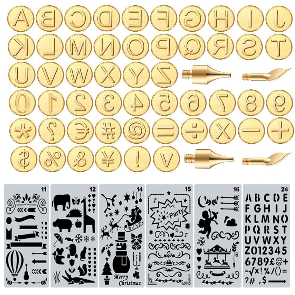 Wood Burning Tips Letters Uppercase Alphabet Number Symbol Branding and Personalization Set (Include 38 Numbers 18 Symbol and 6 Stencils)