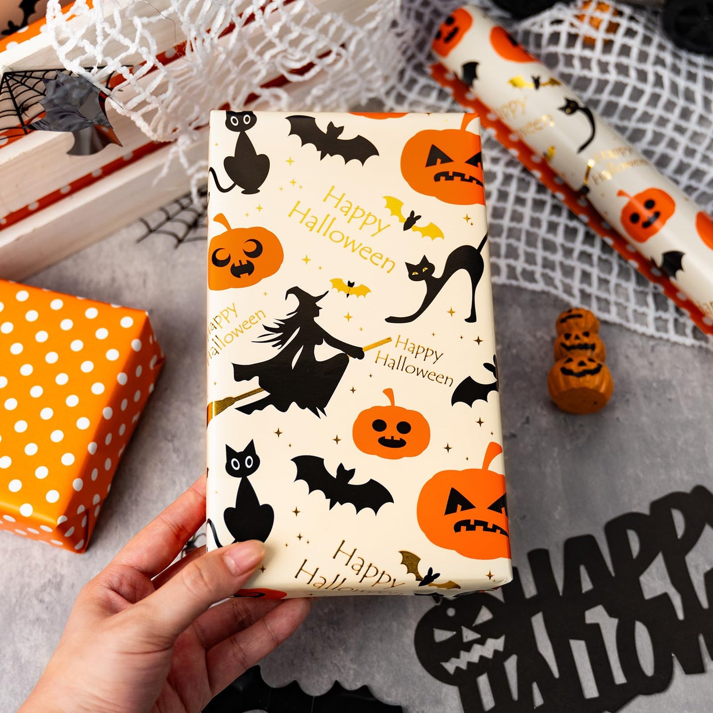 Burymento Reversible Halloween Wrapping Paper, Pumpkin, Witch Hat and Polka Dot Design, Suitable for Halloween, Christmas Nightmare Holidays, Parties, Mini Rolls (17 Inches X 32.8 Feet)