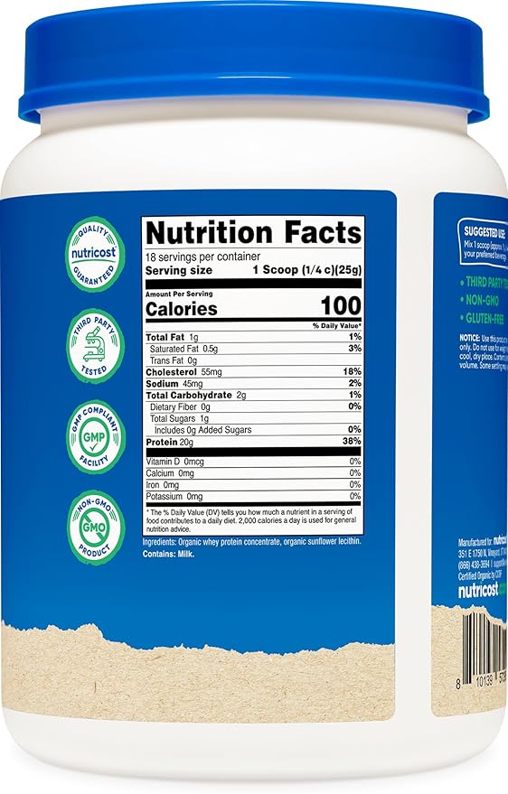 Nutricost Organic Whey Protein Concentrate, Unflavored, (1LB) - Gluten-Free, Non-GMO