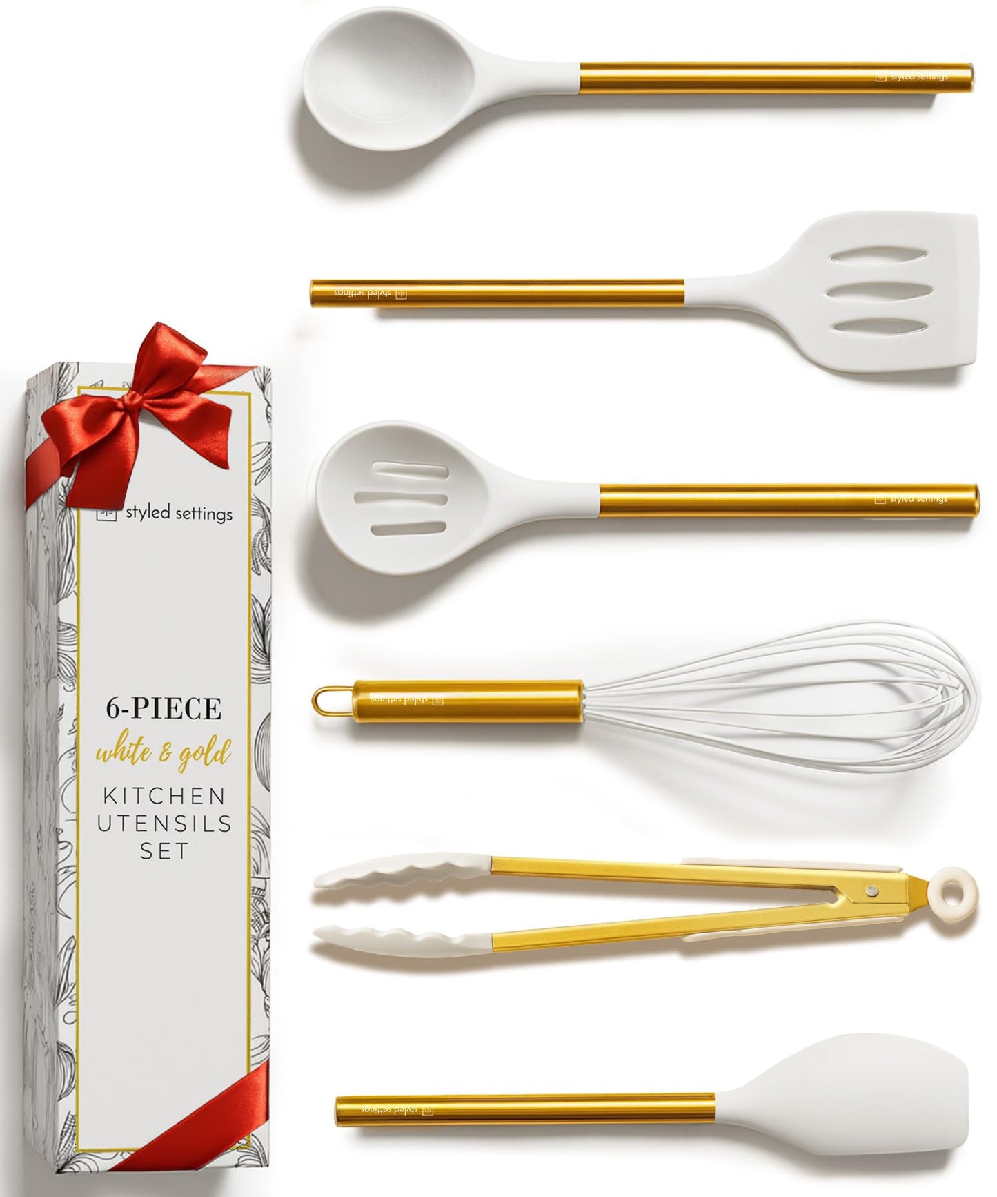 Gold Kitchen Utensils Set – 6 PC White Silicone and Gold Cooking Utensils with Spatula, Whisk, Tongs, Spoons, Cooking Tools for Nonstick Cookware – Luxury Kitchen Accessories for Home Chefs