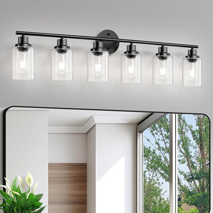 Guliaofo 6-Light E26 Black Bathroom Vanity Lights, Modern Bathroom Light Fixtures with Clear Glass Shade, Wall Lamps for Mirror Hallway Kitchen Cabinet Living Room Sconces Lights