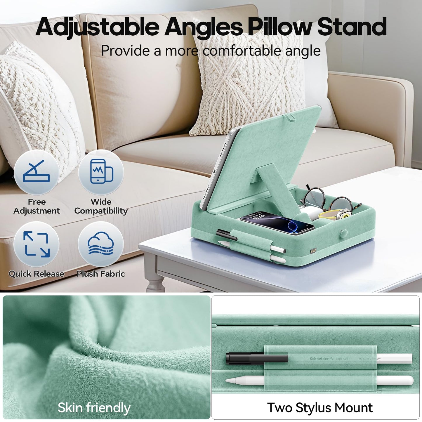 KDD Tablet Pillow Stand with Storage, Foldable iPad Holder for Bed, Lap and Desk, Angle Adjustable Soft Pad Dock with Stylus Mount Compatible with iPad Pro 12.9, 11, Air, Mini, Phones, Books (Green)