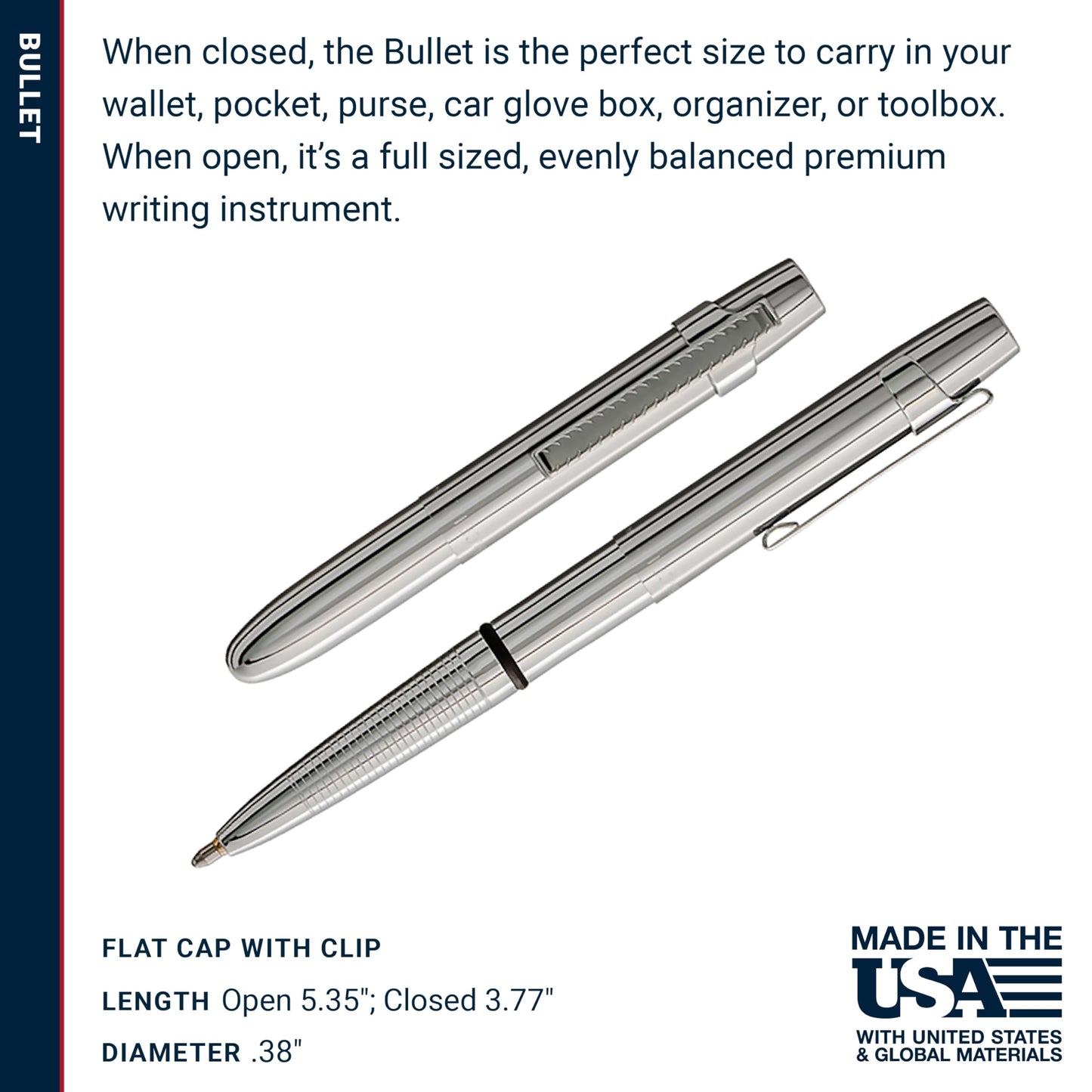 Fisher Space Pen Chrome X-Mark Flat Cap Bullet Pen, Pressurized Ballpoint Pen, Compact Size, Writes Upside Down, Extreme Temperatures, Black Ink, Medium Point, Pocket Clip, Gift Box, Made in the USA