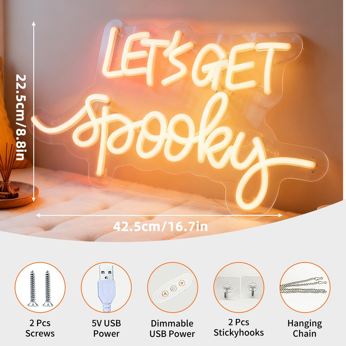 Lets Get Spooky White LED Neon Sign, USB Powered Dimmable Decorative Neon Light Home Living Room Haunted House Spooky Theme Party Wall Table Decor 16.7 x 8.9 In