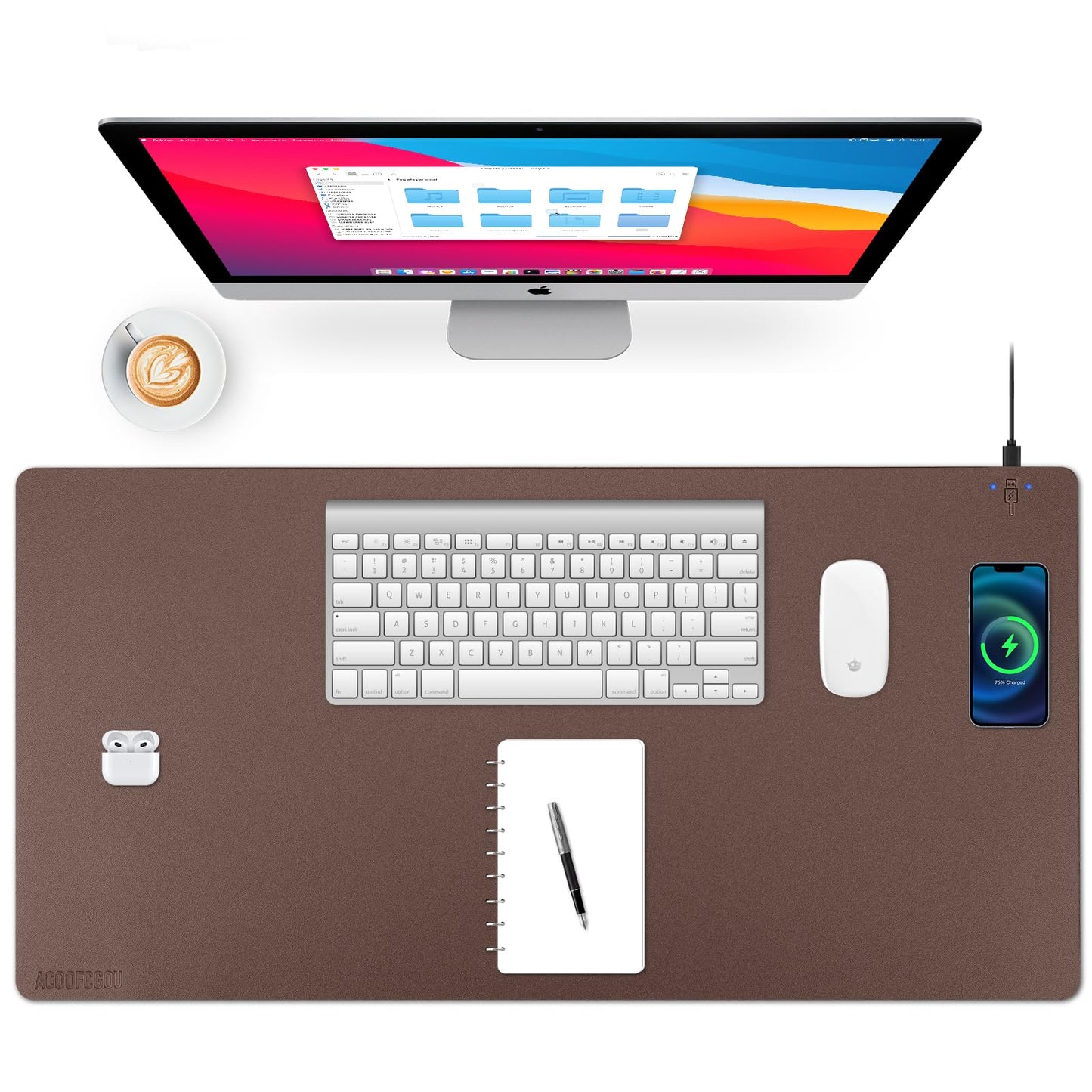 Wireless Charging Desk Mat with Desk Pad for Desktop Charging Large Mouse Pad Waterproof Leather Computer Mat Mouse Pad Non-Slip Protector on Top of Desks for Keyboard and Mouse (brown-r, 32*16inch)