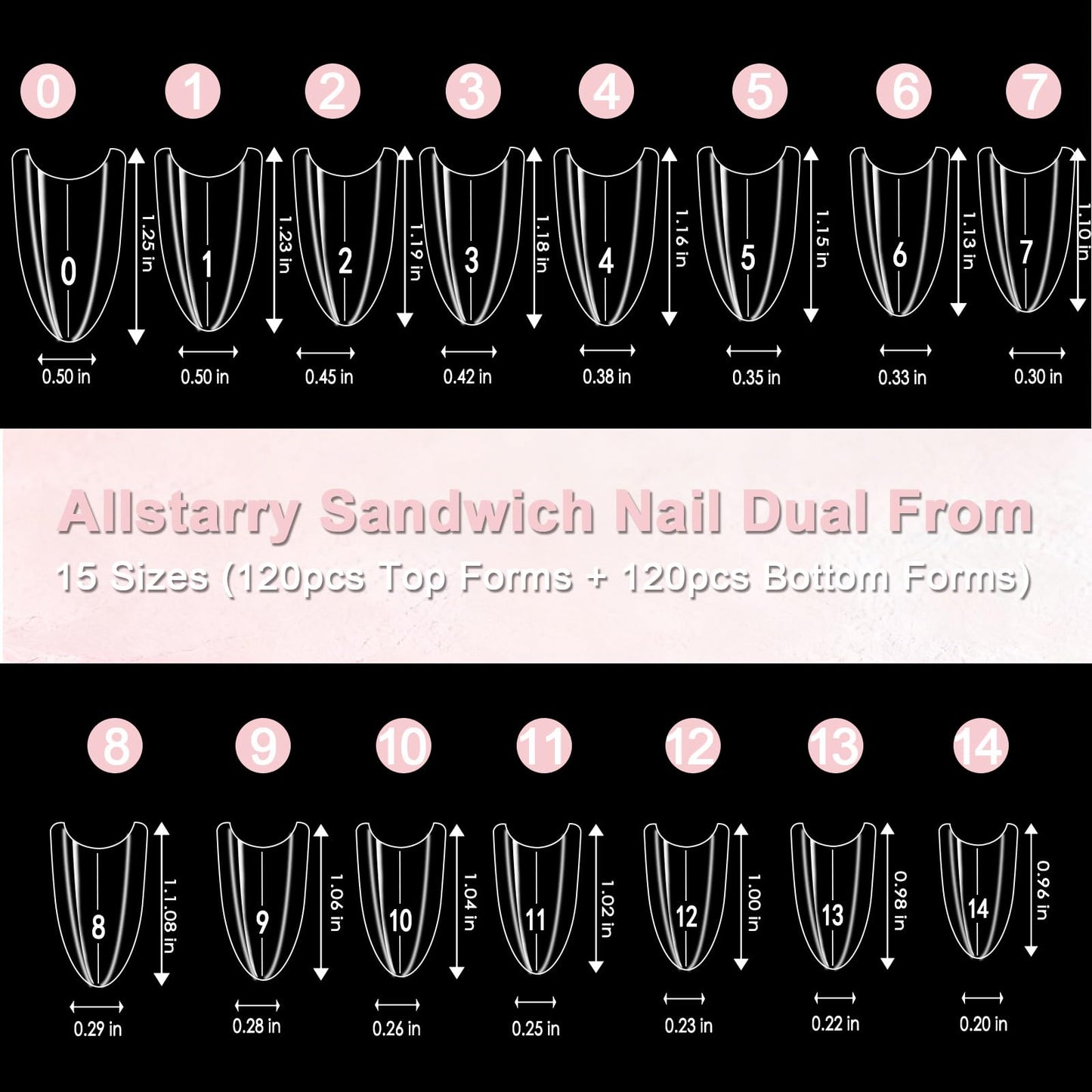 Allstarry Sandwich Dual Nail Forms, Reusable Sandwich Dual Forms 240pcs 15 Sizes Almond Round Nail Extensions Plastic Poly Gel Nails Forms for Builder Gel No Paper Forms Needed Moldes Dual Nails Molds