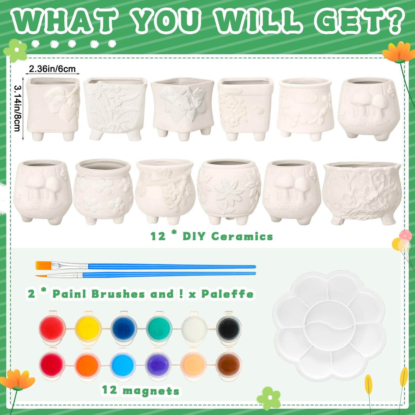 Hushee 12 Sets Ceramic Succulent Planters Paintable Succulent Plant Pots Small DIY Figurines Unpainted Pots with Drainage Hole Color Paints Paintbrushes Palettes(Flower)