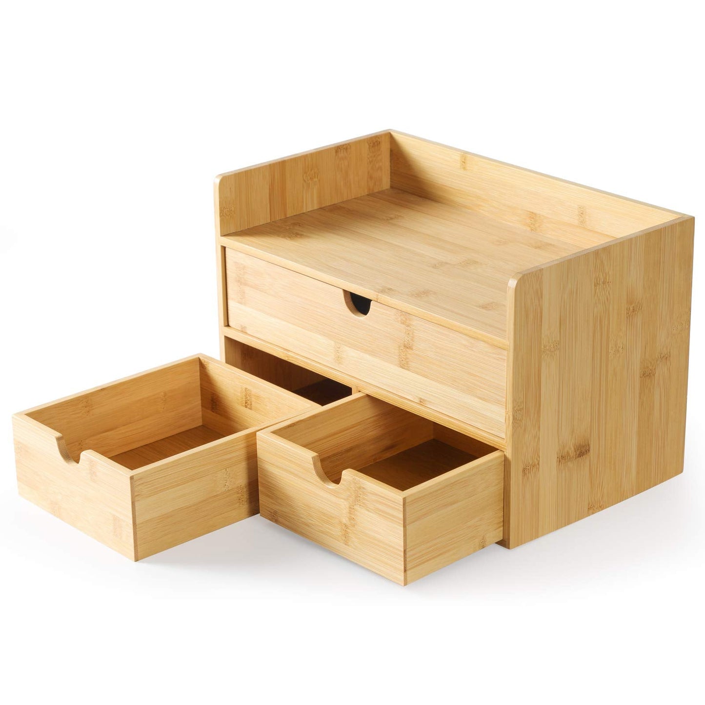 Desk Organizer with Drawers - Bamboo Desktop Organizers Storage | Wood Makeup Organizer for Bills, Office Supplies, Cosmetics, Seals, Kitchen Utensils, No Assembly Required