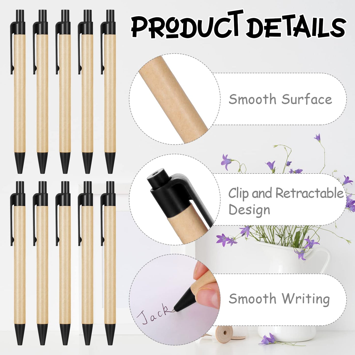 Sabary 100 Pcs Pens Bulk Kraft Paper Ballpoints Retractable Click Pens 1 mm Recycled Paper Ballpoint for First Day of School Coworkers Writing Office Supplies (5.5 Inch,Black)