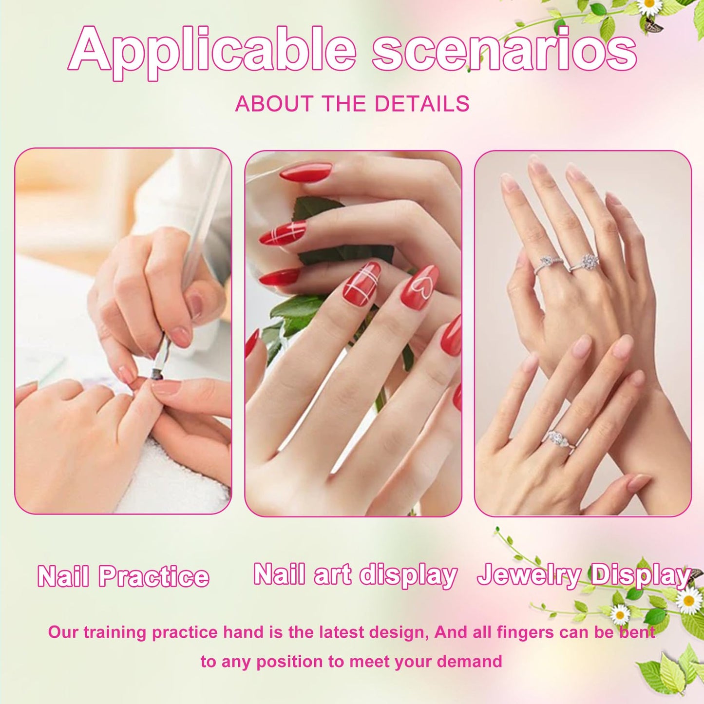 Practice Hand for Acrylic Nails Realistic Mannequin Hand for Nails Practice Soft Flexible Bendable False Fake Nail Hand Art Trainer Manicure Practice Hand Tool and Rings Display of Bracelets (Left)
