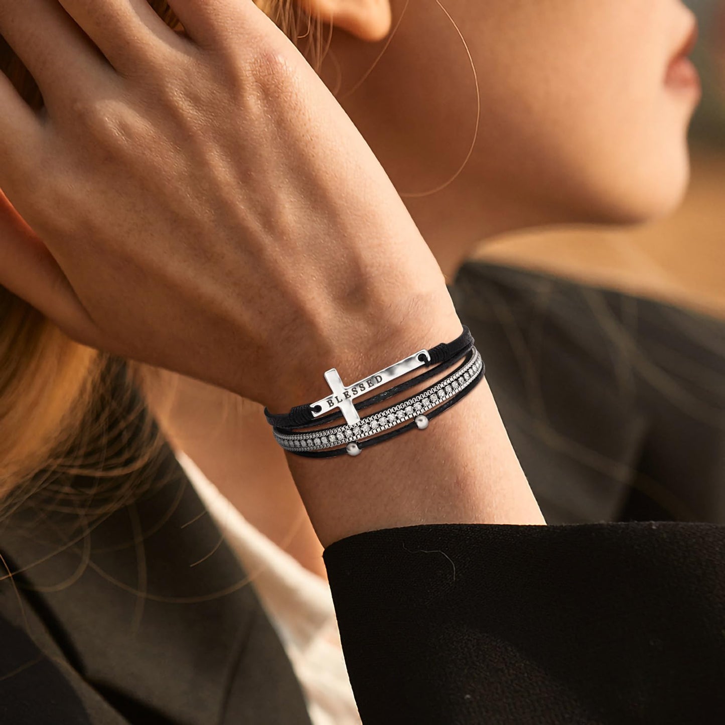 Leopard Bracelet for Women, Boho Leather Wrap Multi-Layer Pearl Crystal Bracelet Bangle Jewelry (Blessed Cross(Black))