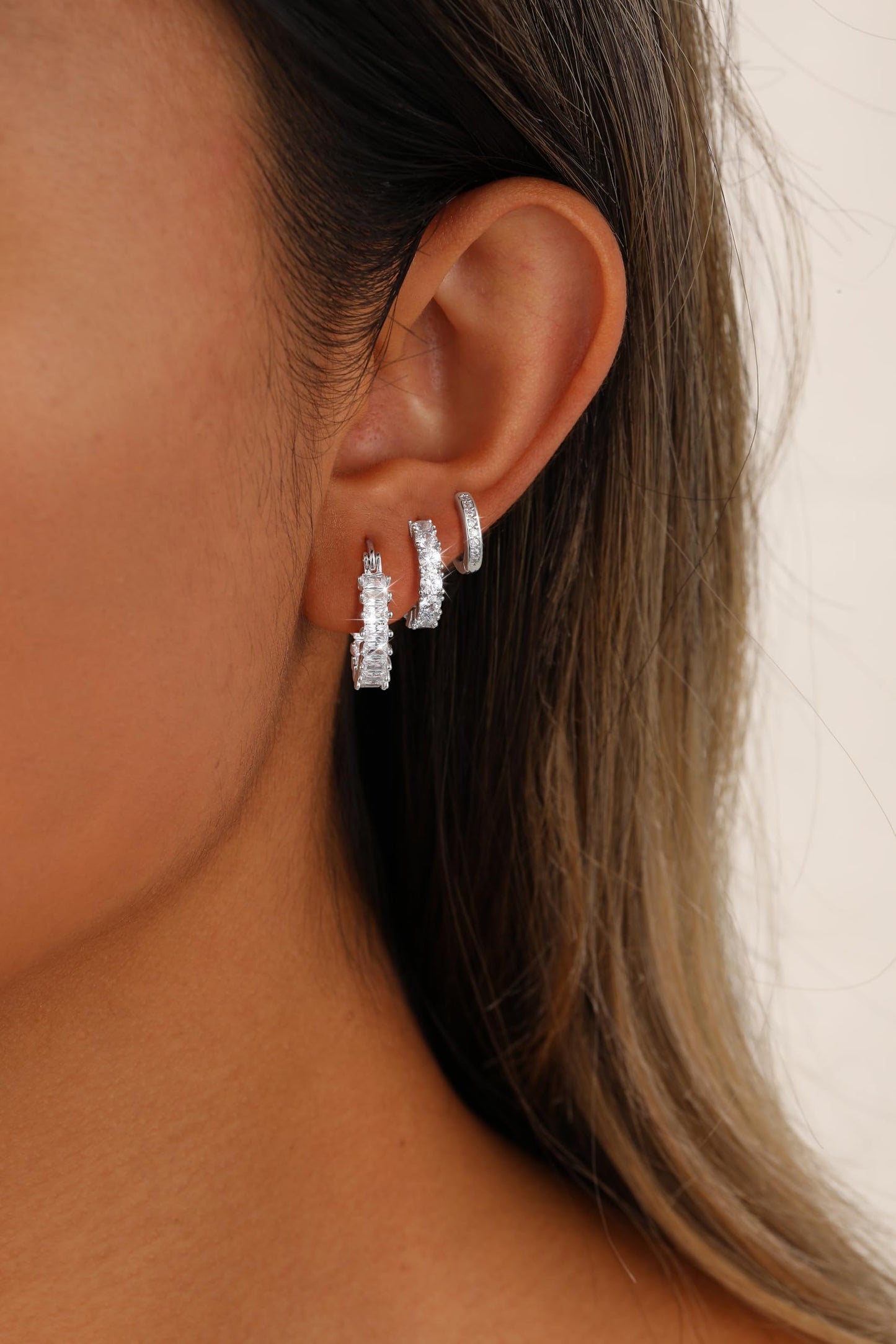 CAROVO 3 Pairs Silver Hoop Earrings for Women Trendy Dainty 14K Gold Plated Cubic Zirconia Huggie Hoop Earrings Stack for Multiple Piercing Jewelry