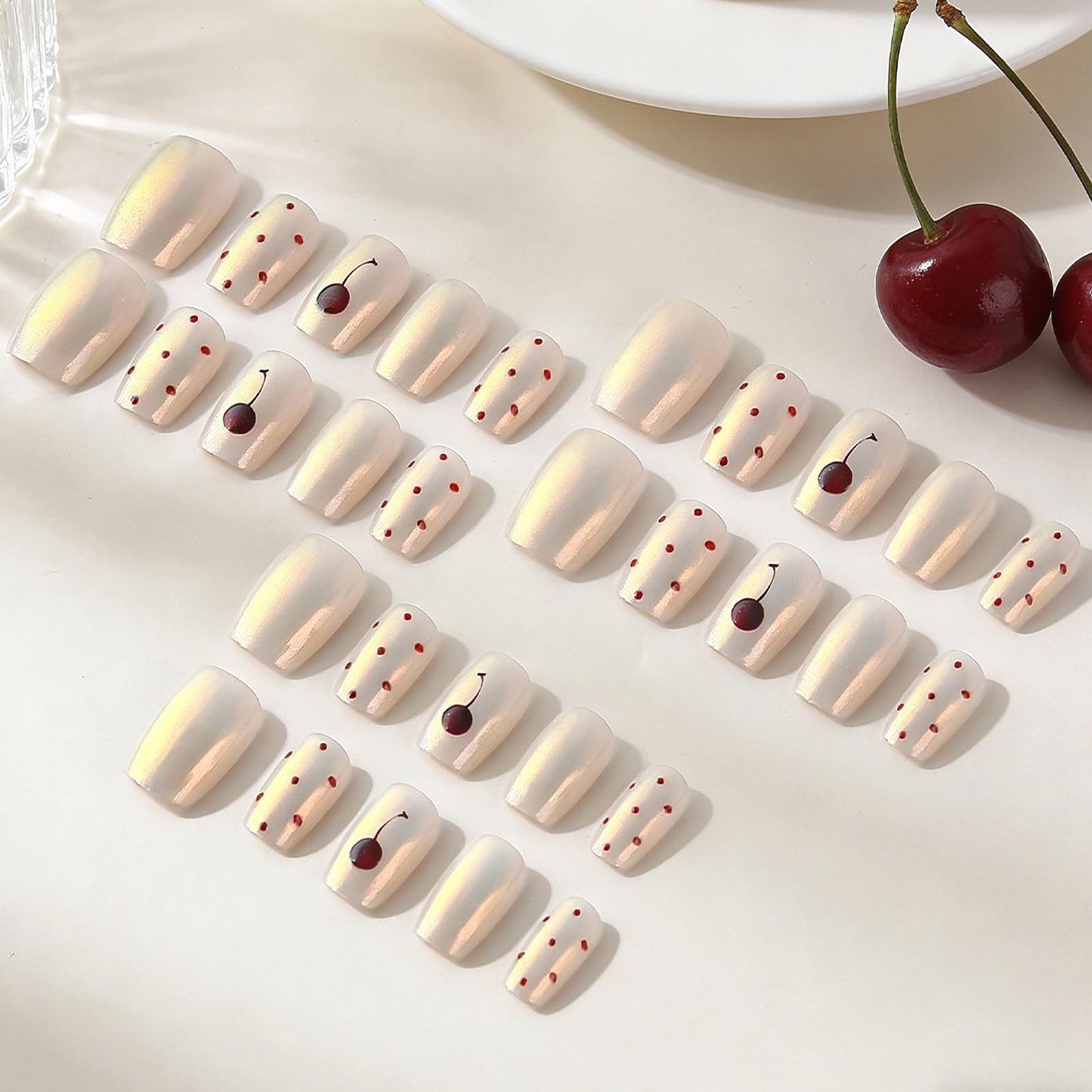 MISUD Press on Nails - Short Square Fake Nails with White Chrome, Acrylic Polka Dot Cherry Design 30 pcs