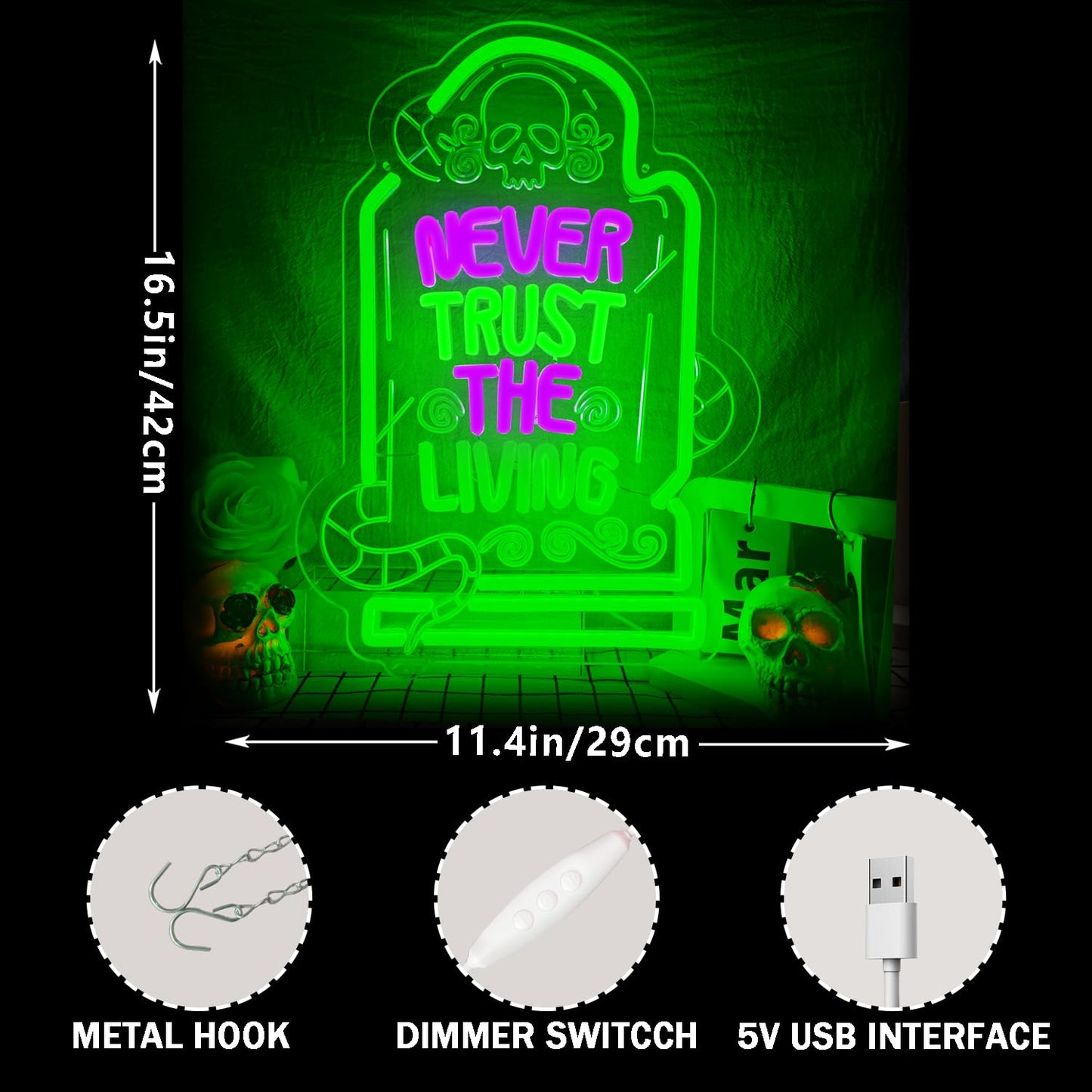 Never Trust The Living Neon Sign Led Sign for Wall Decor Dimmable USB Powered Letters Light Up Sign For Party Chamber of Secrets Script killing Terror House Man Cave Decor