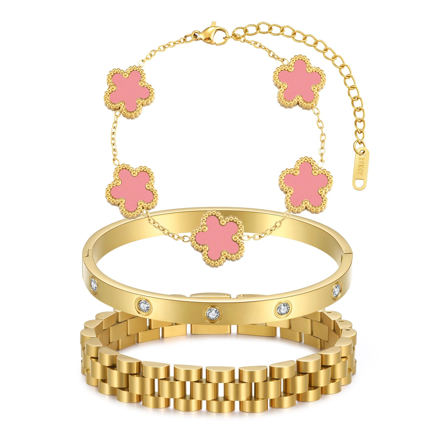 YOQ Stackable Four Leaf Clover Bracelets for Women, 18K Gold Plated Love Bangle Bracelets Set, 3 Pcs Charm Jewelry Gifts (Pink)