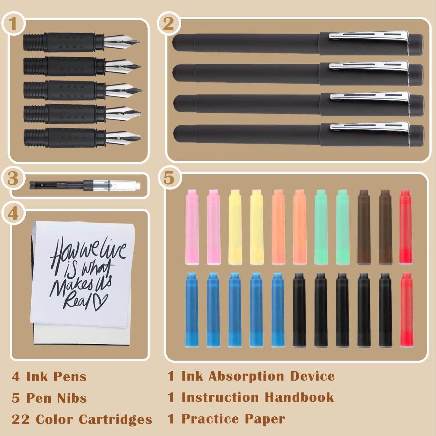 Falling in Art 34Pcs Calligraphy Pen Set, Calligraphy Kit with 5 Pen Nibs and 22 Assorted Ink Cartridges, Drawing and Calligraphy Practice For Beginners