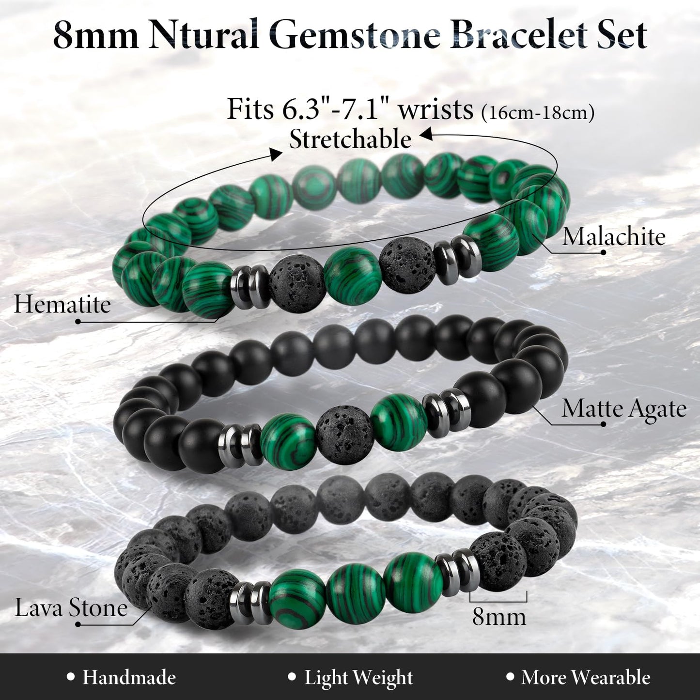 Lameybrt 8mm Men’s Bracelet Set Multi - Tiger Eye/Matte Agate/Lava Rock Gifts for Birthday/Anniversary/Christmas (G08 Malachite, One Size)