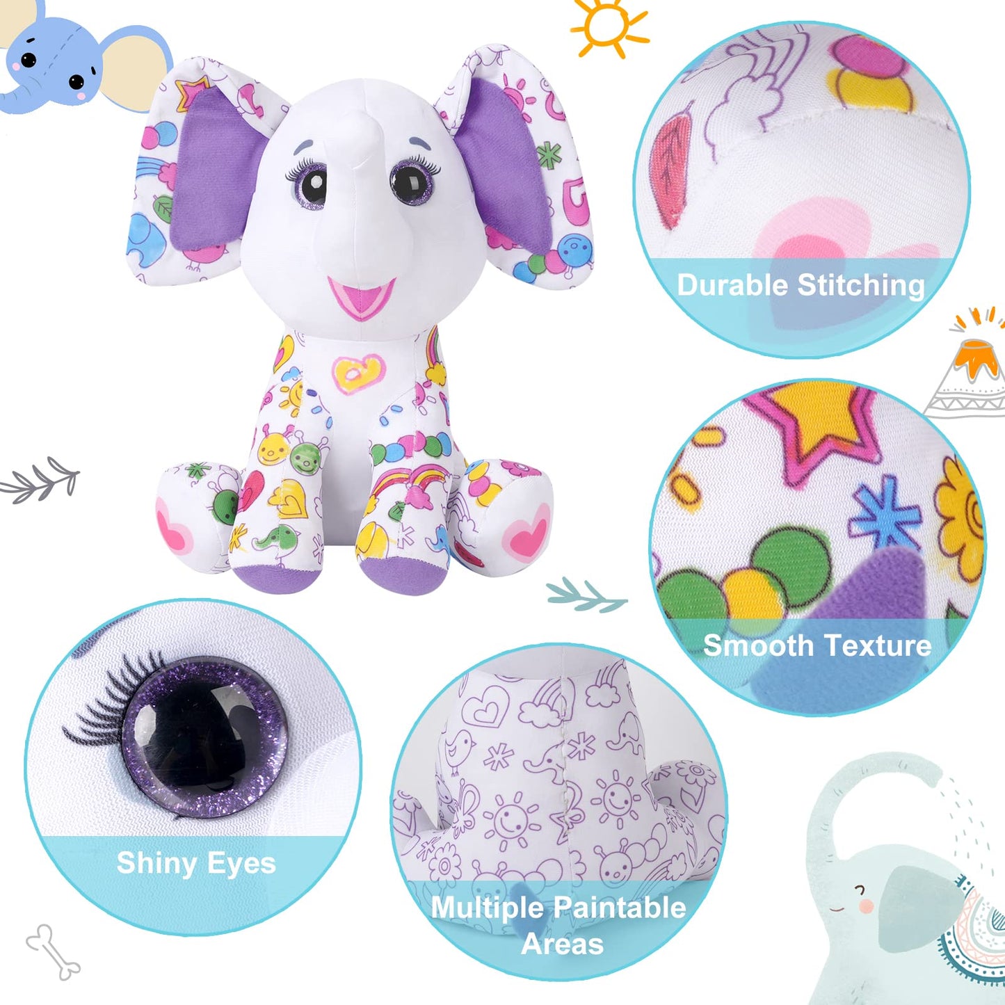 DRAWMYTOY DIY Coloring Plush Toy with Washable Markers, Scribble Pets Stuffed Animal, Doodle Dolls Art Toy for Boys and Girls Ages 3-8, Birthday Gift (Elephant)