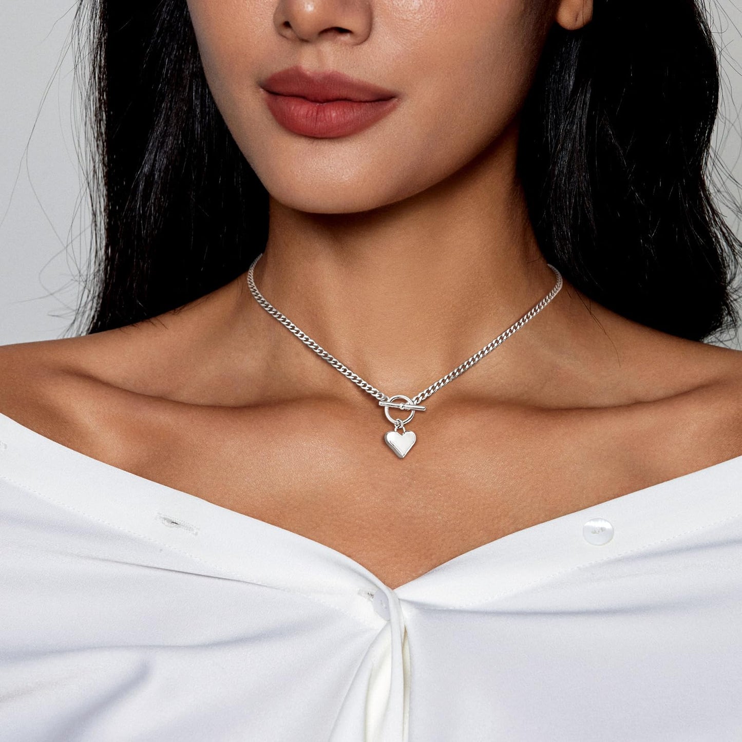 Zeffy Silver Chunky Puffy Heart Necklace Big Heart Chain Link Necklace Toggle Clasp Heart Charm Necklaces Women Jewelry