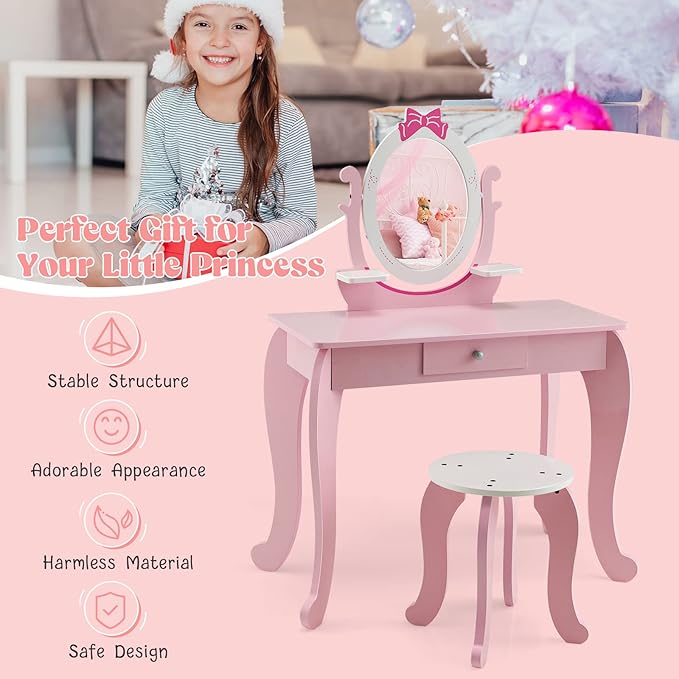 KOTEK Pink Kids Vanity Set, 2-in-1 Makeup Vanity Desk with Detachable Top & 360° Rotating Mirror, Stool and Drawer, Bow Pattern for Little Girls, Princess Dressing Table for Toddler 3-7